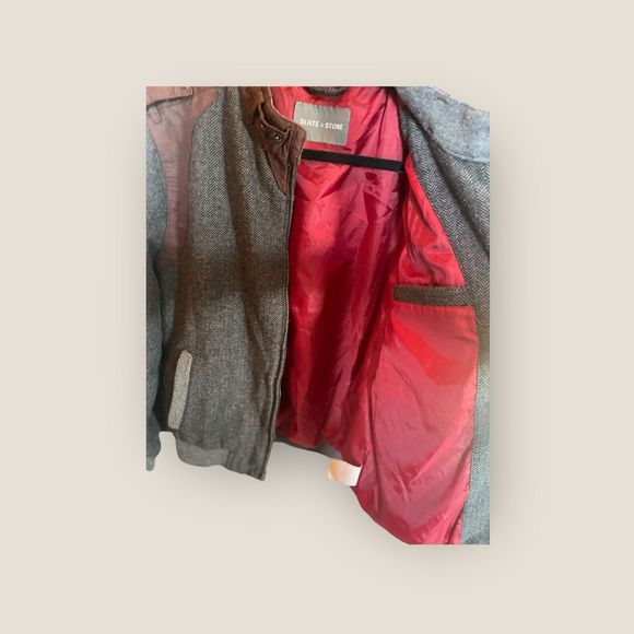 Slate & Stone Poly Wool Blend Jacket Gray Herringbone W/Brown Accents Mens Small - Picture 12 of 16